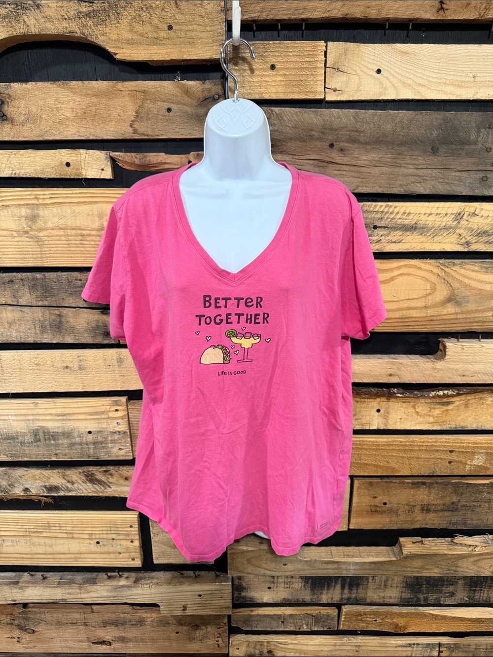 Life Is Good “Better Together” Taco Margarita V-Neck Crusher Tee XL Pink